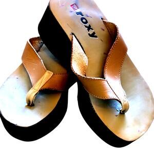 Vintage 90s ROXY Platform Wedge Sandals Chunky Flip Flops Tan Brown Y2K Surf 7